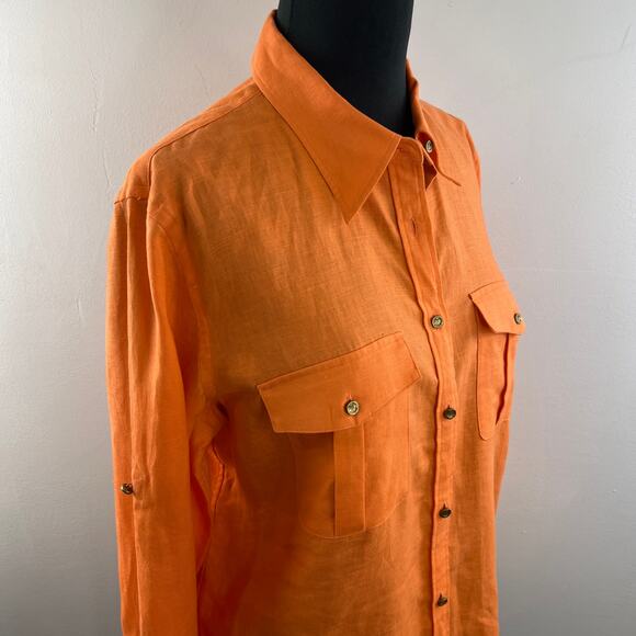 Lauren Ralph Lauren Linen Button Down Top Orange Long Sleeve Pockets Size L - Picture 6 of 12